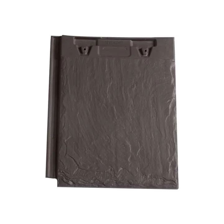 Sandtoft Rivius clay roof tile in Antique Slate, showing its dark textured slate-effect face